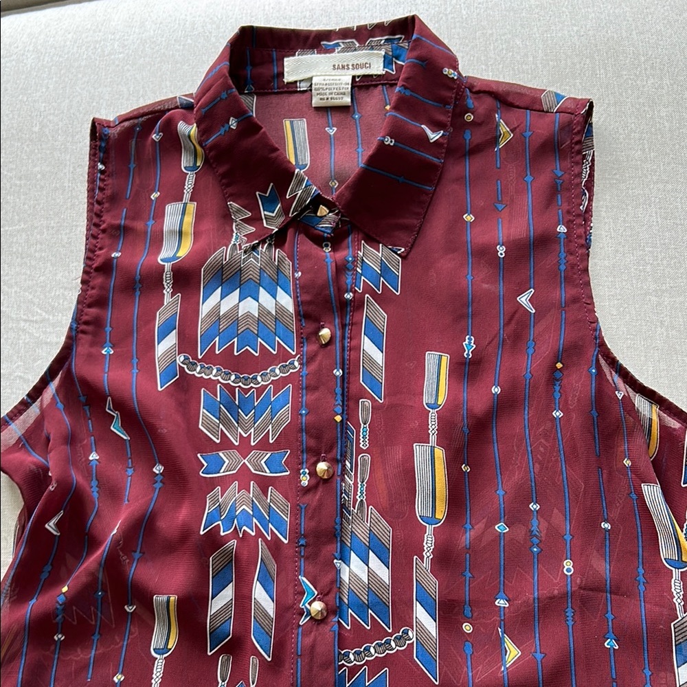 Sans Souci Maroon Button Down Aztec Sleeveless Top